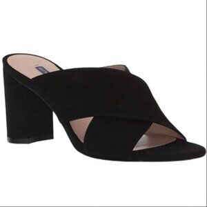 STUART WEITZMAN GALENE SUEDE CRISS CROSS BLOCK MULE SLIDE BLACK